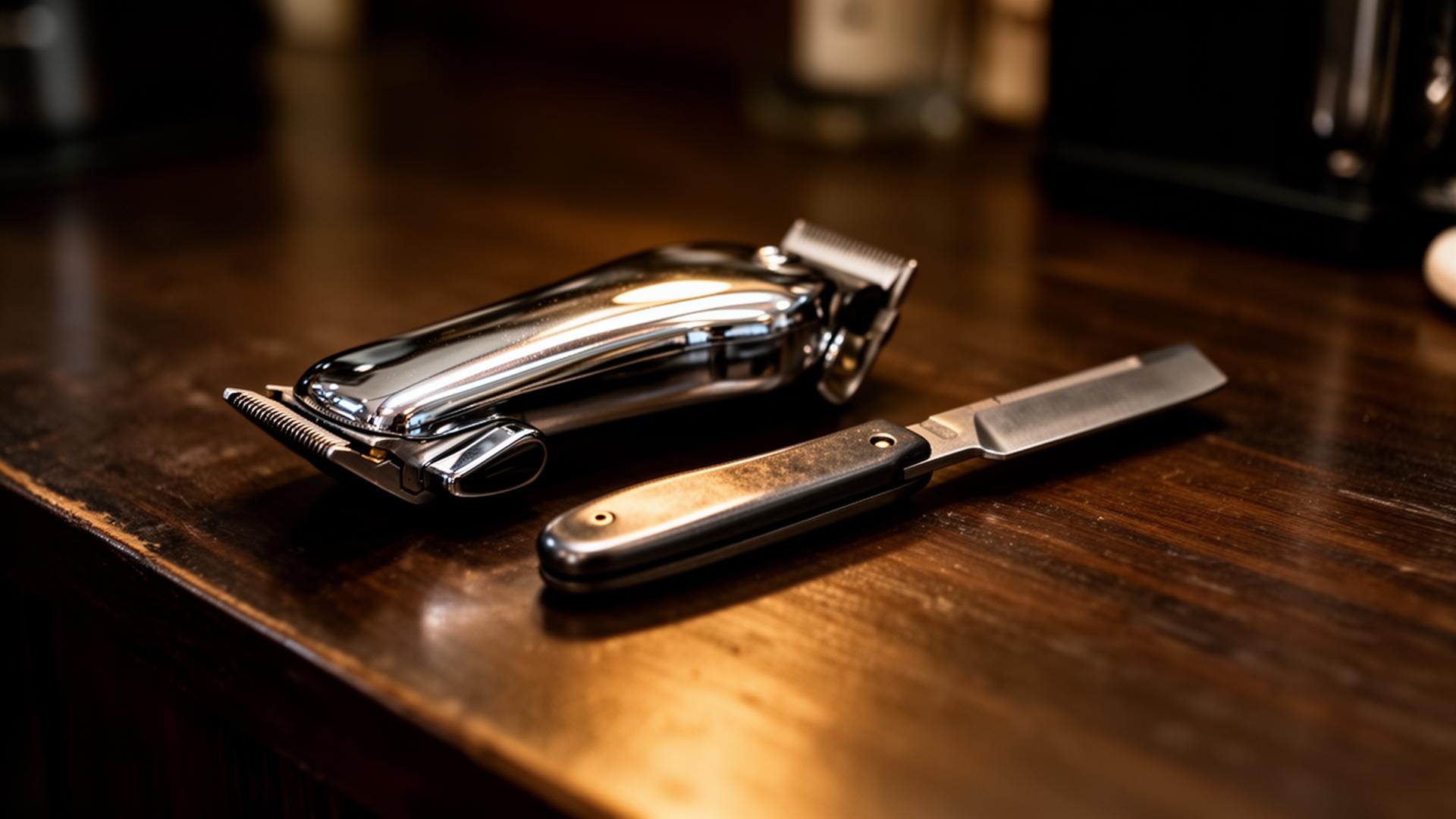Barber tools on dark walnut counter
